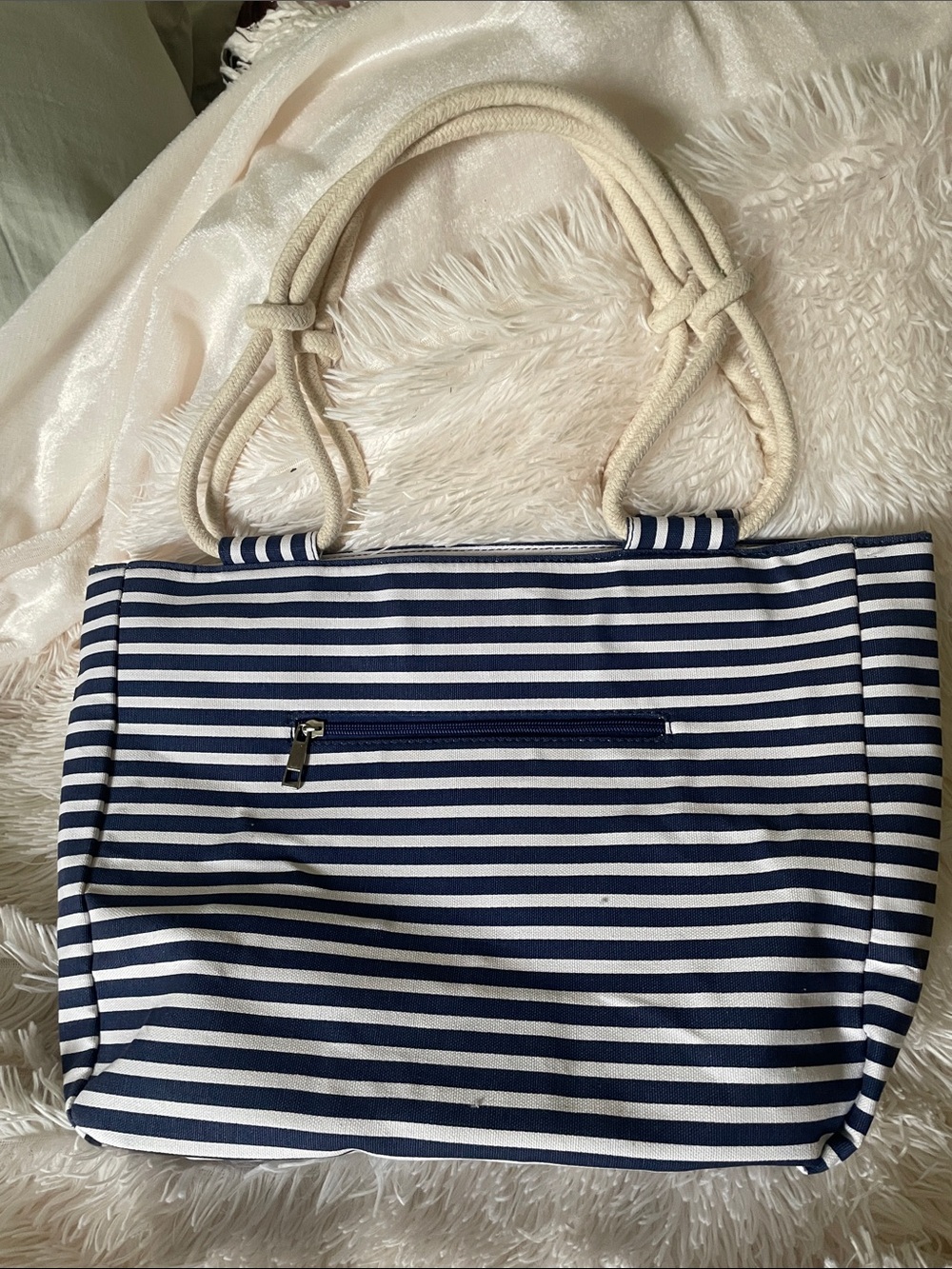 Striped Navy and White Rope-Handle Tote Bag NWOT